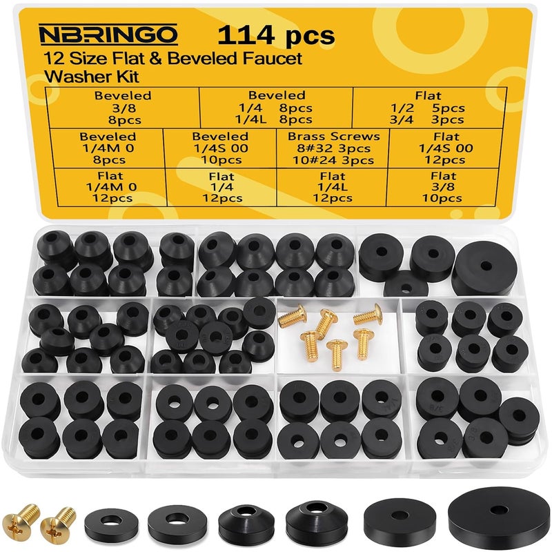 NBRINGO 114-Piece 12 Sizes Faucet Washer Assortment Kit - Flat & Beveled Rubber Washers & Brass Bibb Screws for Outdoor Spigot, Hose Bib, Garden Valve Repair Replacement - Image 1